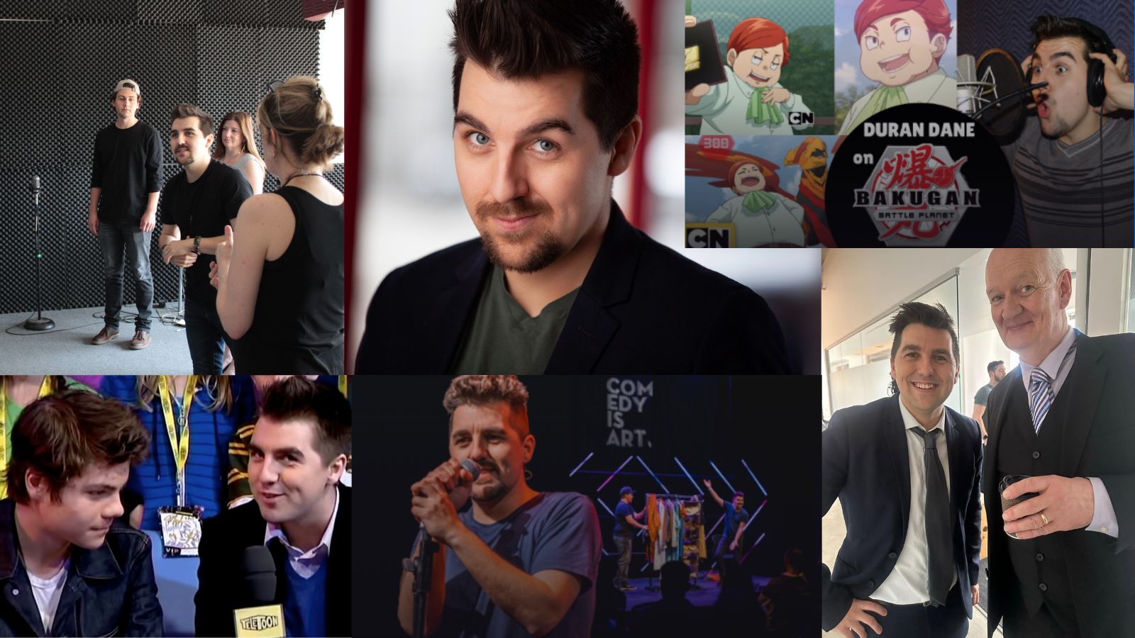 Collage of Tony Babcock teaching, performing, hosting and voicing Duran Dane in Bakugan